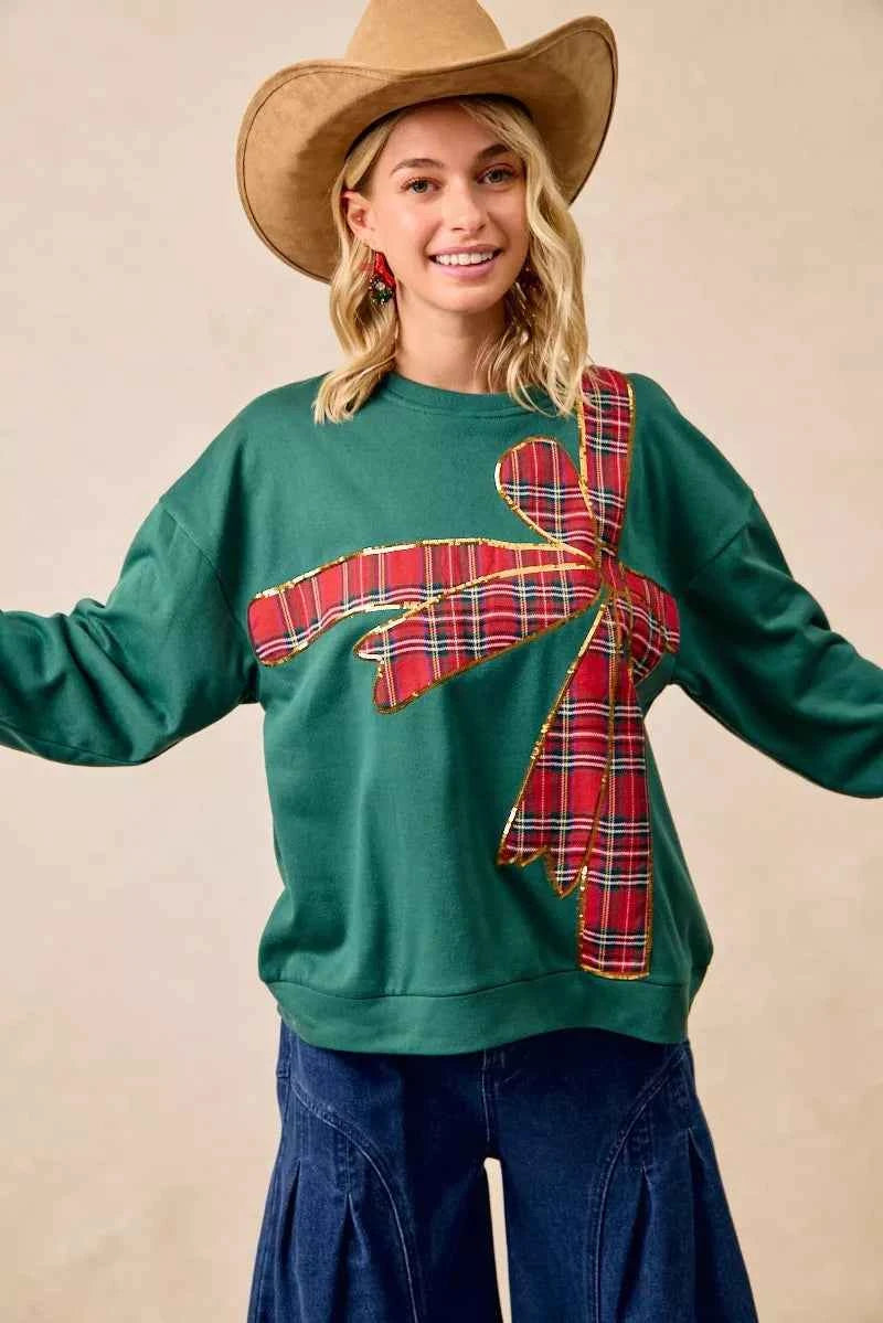 BiBi Plaid Ribbon Bow Detail Christmas Fleece Women's Sweatshirt