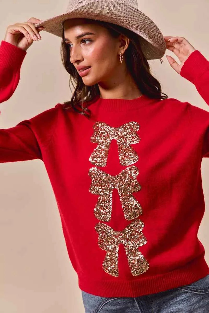 SO ME Sequins Bow Ribbon Embellished Christmas Sweater