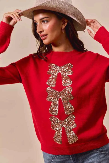 SO ME Sequins Bow Ribbon Embellished Christmas Sweater