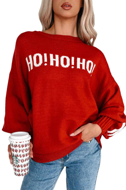 Fiery Red Merry Christmas Ho Ho Ho Drop Shoulder Loose Sweater