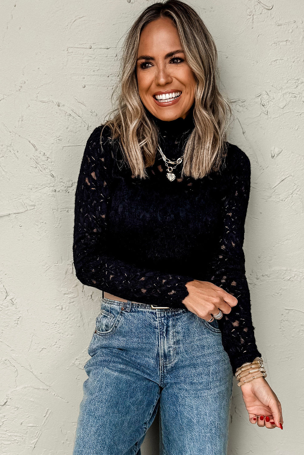 Flower Lace See-Through Mock Neck Long Sleeve Top