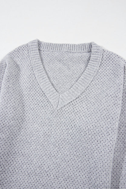 Solid Eyelet V-Neck Drop Shoulder Sweater