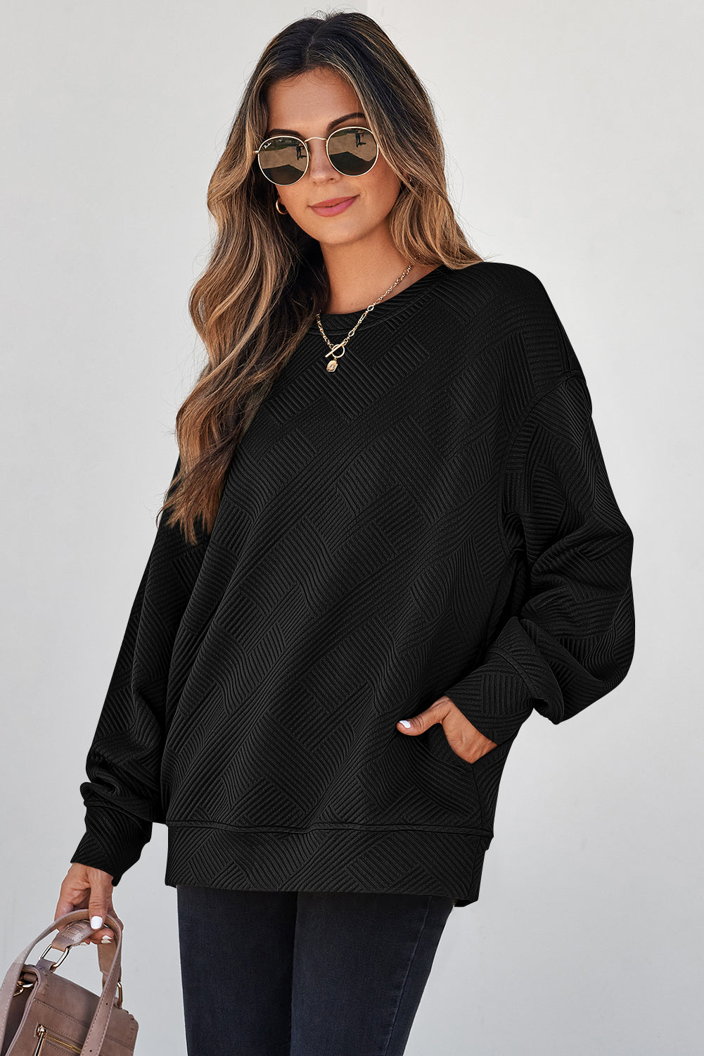 Solid Color Textured Round Neck Drop Shoulder Pullover Sweatshirt