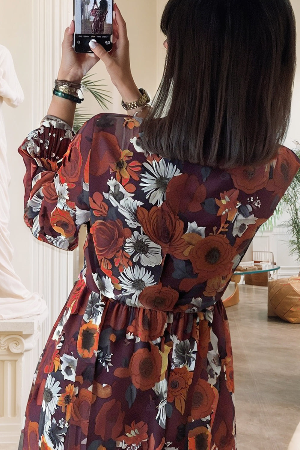 Red Floral Wrap V-Neck Puff Sleeve Mini Dress