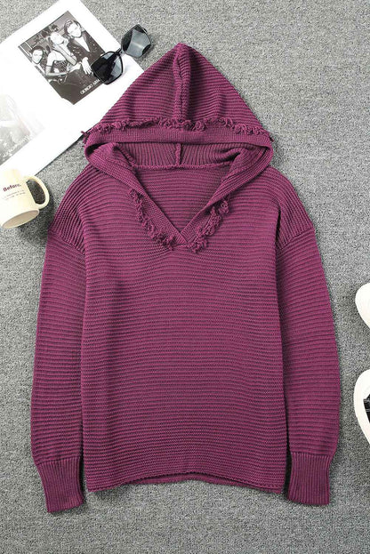 Solid Ribbed Drop Shoulder Hooded V-Neck Sweater