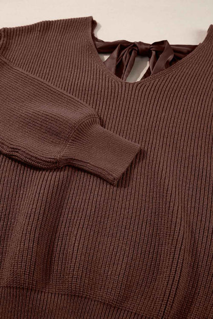 Bow Back  Lantern Sleeve V-Neck Sweater