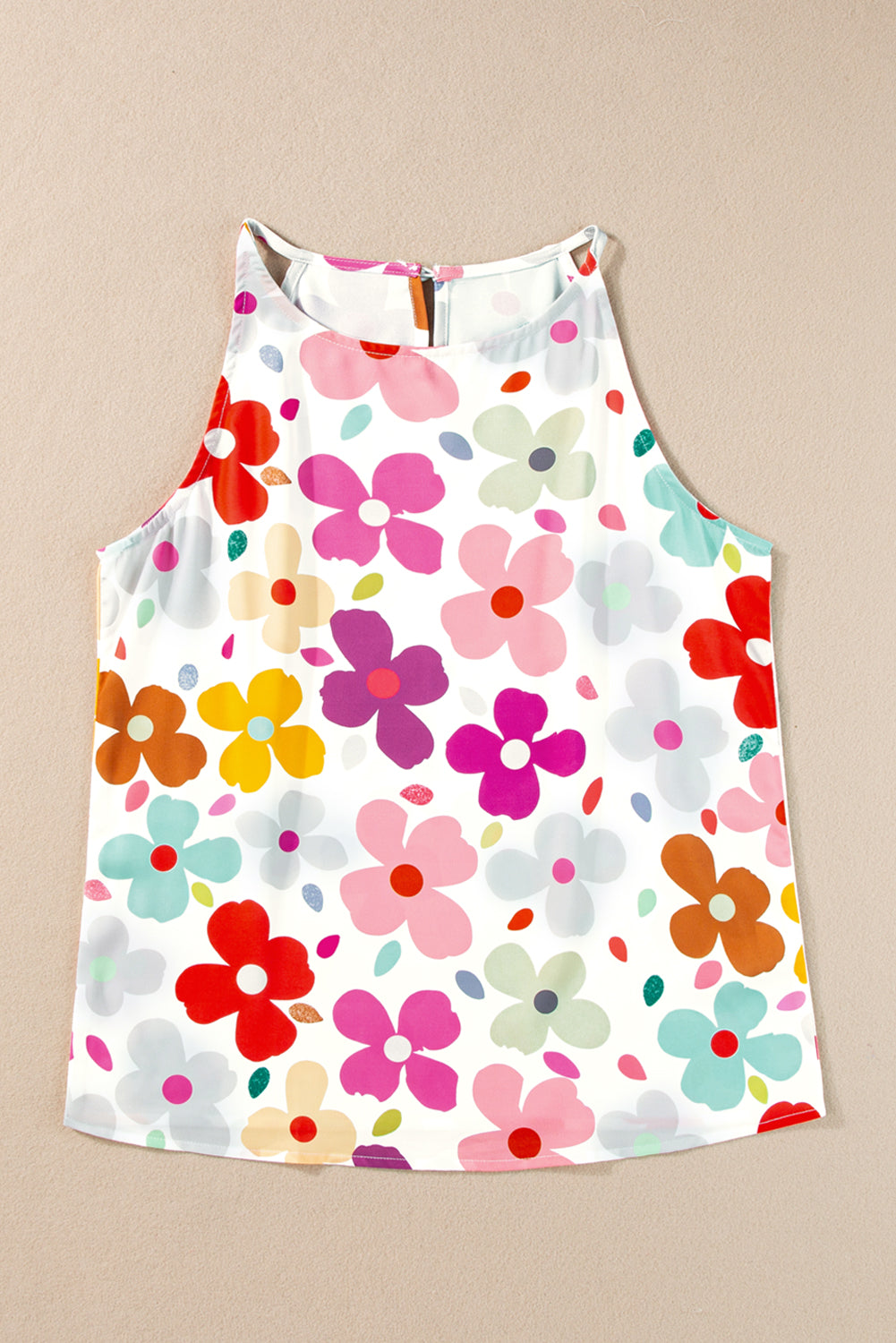White Cute Floral Print Tank Top