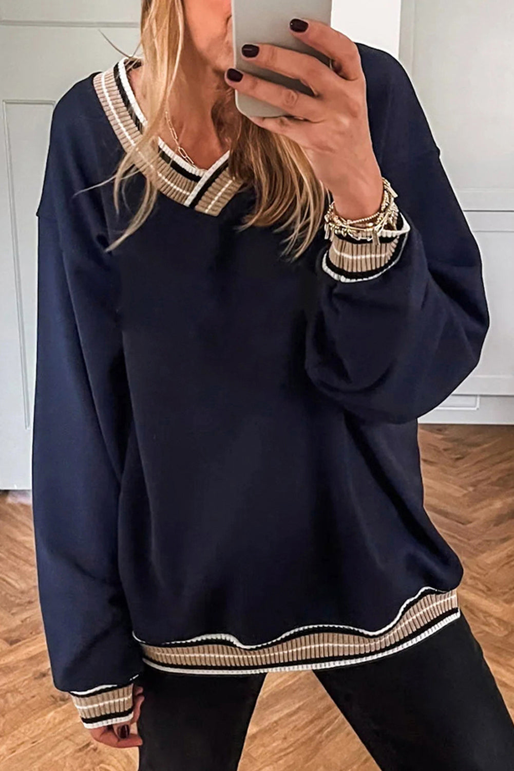 Navy Blue Varsity Contrast Striped Trim V Neck Women's Sweatshirt