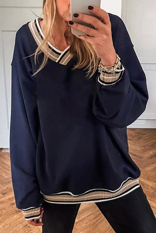 Navy Blue Varsity Contrast Striped Trim V Neck Women's Sweatshirt