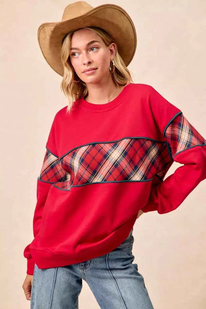 BiBi Christmas Theme Plaid Block Sweatshirt with Binding