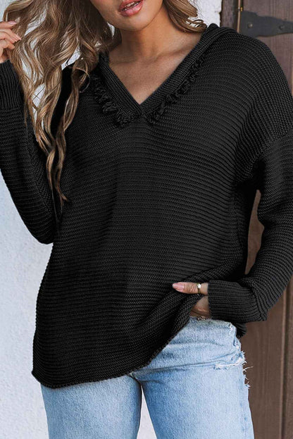 Solid Ribbed Drop Shoulder Hooded V-Neck Sweater