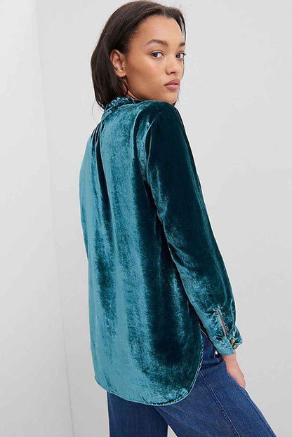 Green Frilled Neck Buttoned Front Velvet Wome Top