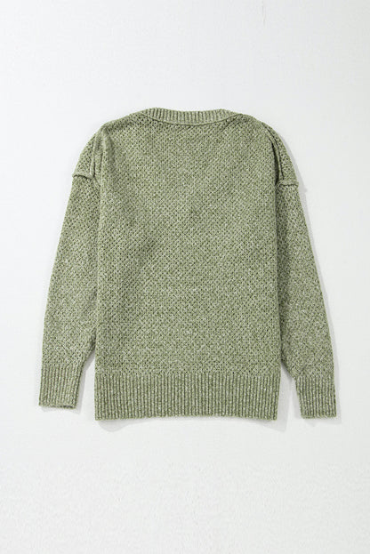 Solid Eyelet V-Neck Drop Shoulder Sweater