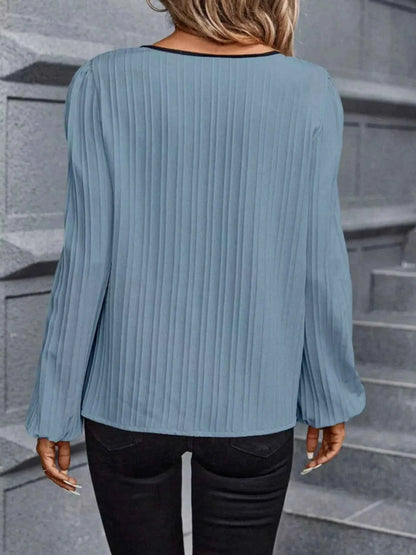 Textured Notched Long Sleeve Blouse