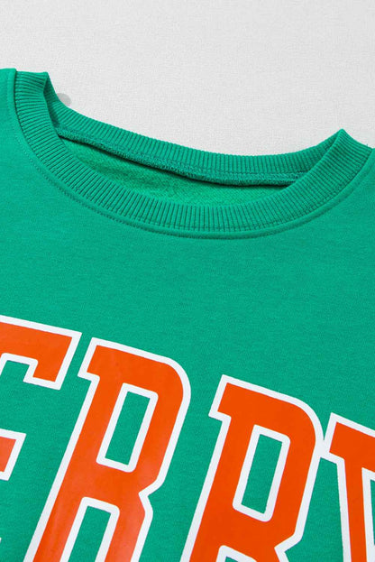 Green MERRY Print Drop Sleeve Pullover Women's Sweatshirt