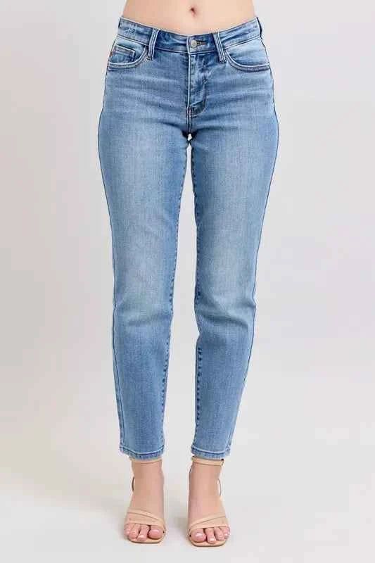 Judy Blue Full Size Mid Rise Vintage Wash Slim Jeans with Cell Phone Pocket Plus Size