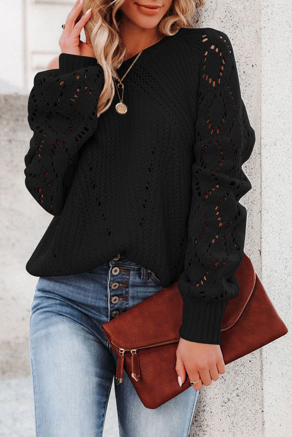 Blue Hollow-out Puffy Sleeve Knit Sweater