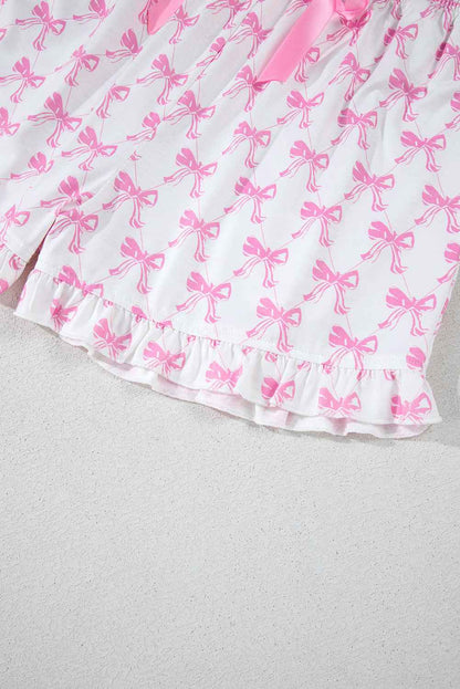 Pink Bowknot Print Shirt and Ruffle Hem Pajamas