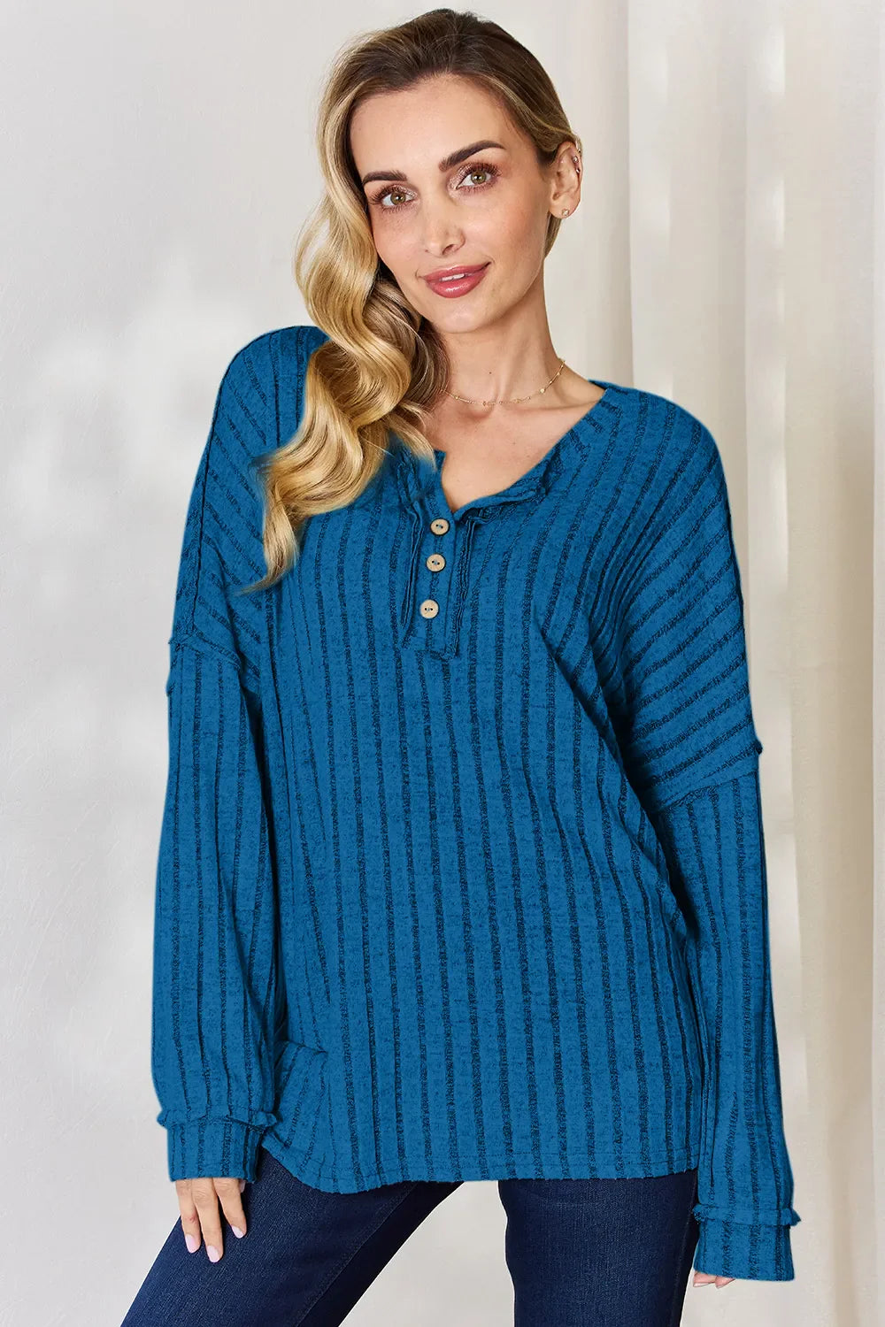 Basic Bae Full Size Ribbed Half Button Long Sleeve Women's T-Shirt - The Eggy's store