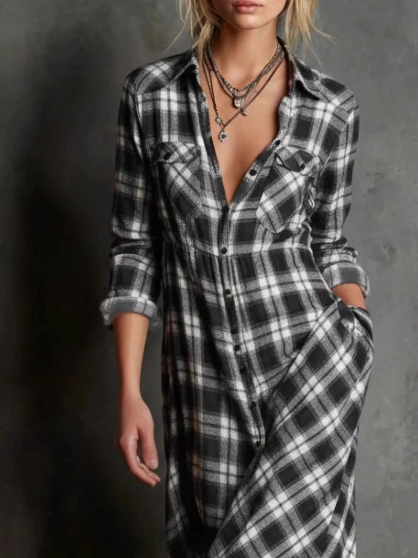 Plus Size Plaid Button-Down Maxi Dress