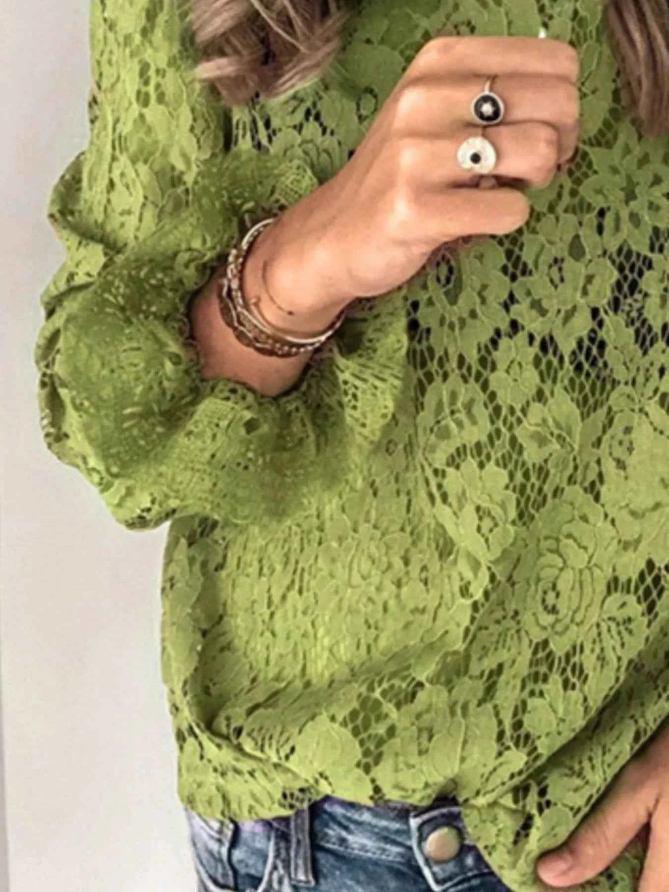 Plus Size Floral Lace Flounce Sleeve Blouse