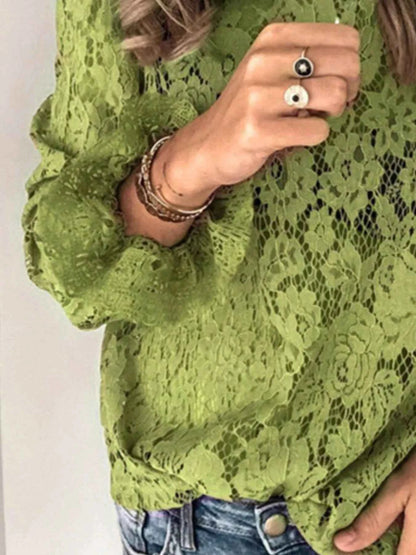 Plus Size Floral Lace Flounce Sleeve Blouse