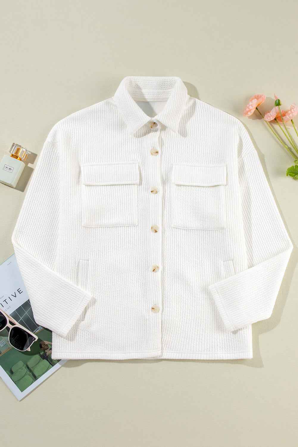 Solid Corduroy Button-Up Long Sleeve Jacket