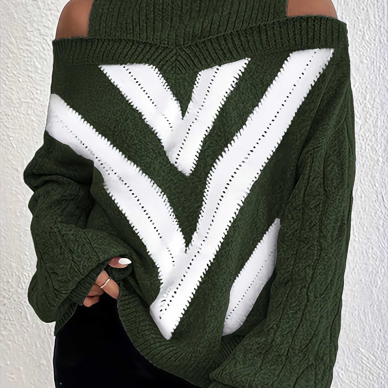 Elegant Plus Size Off Shoulder Striped Cable Knit