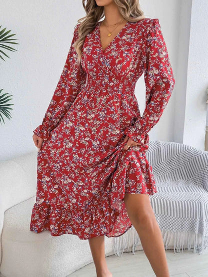 Ruffled Floral V-Neck Flounce Sleeve Dress