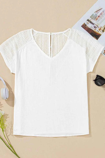 Lace Crochet Textured Button Back V Neck T Shirt