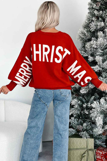 Fiery Red Merry Christmas Ho Ho Ho Drop Shoulder Loose Sweater