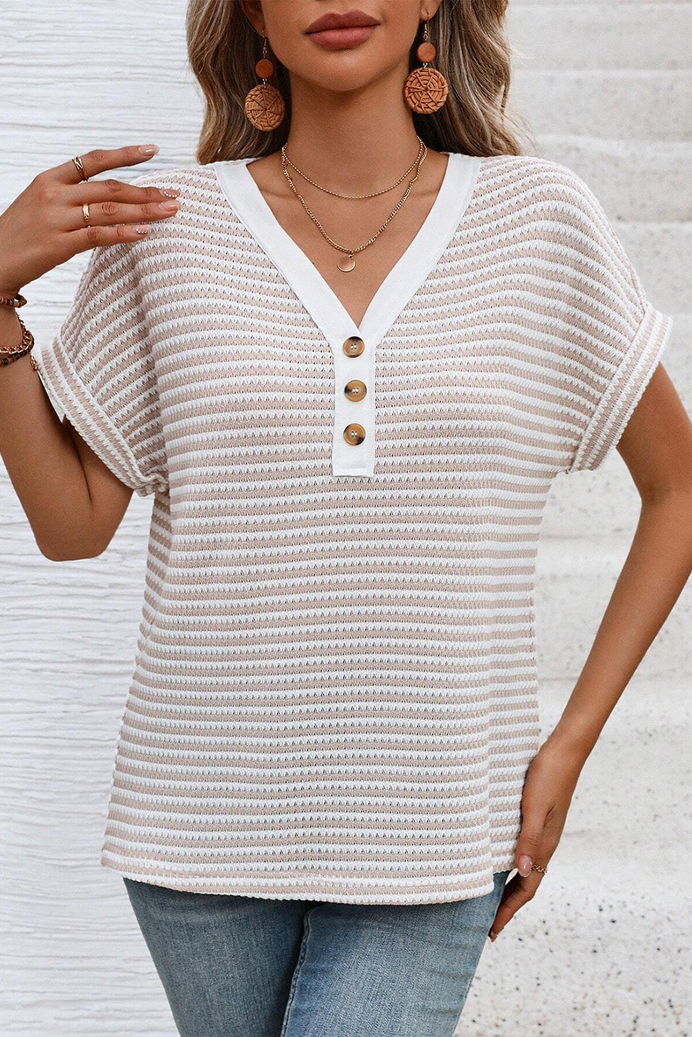 Khaki Striped Button Front V Neck Knitted Women's Top - The Eggy's store