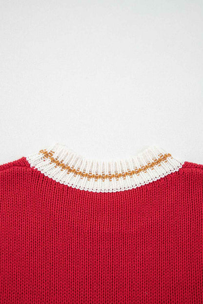 Fiery Red Merry Pattern Colorblock Edge Drop Shoulder Cozy Sweater