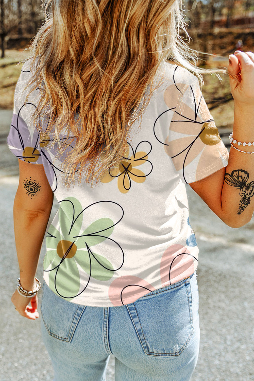 Beige Summer Flower Print Round Neck T-Shirt