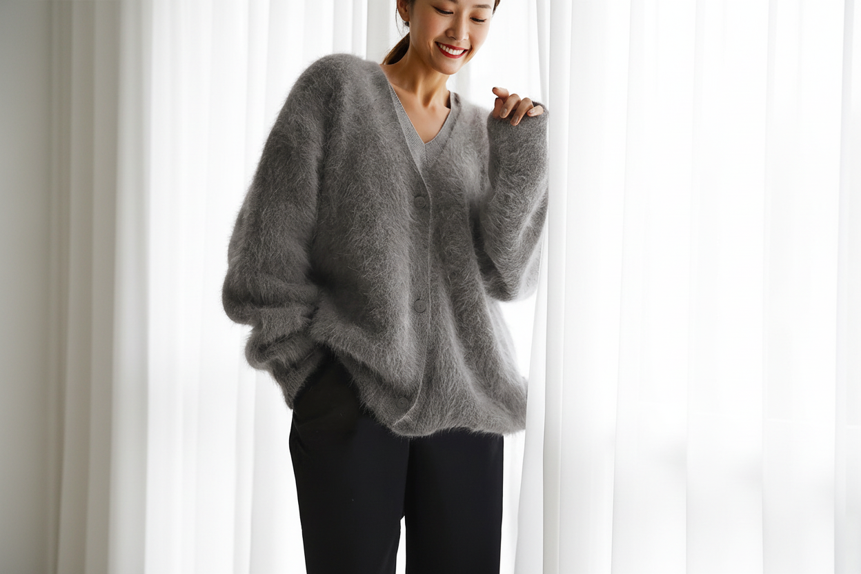Solid Mohair V-Neck Fuzzy Knit Sweater Cardigan