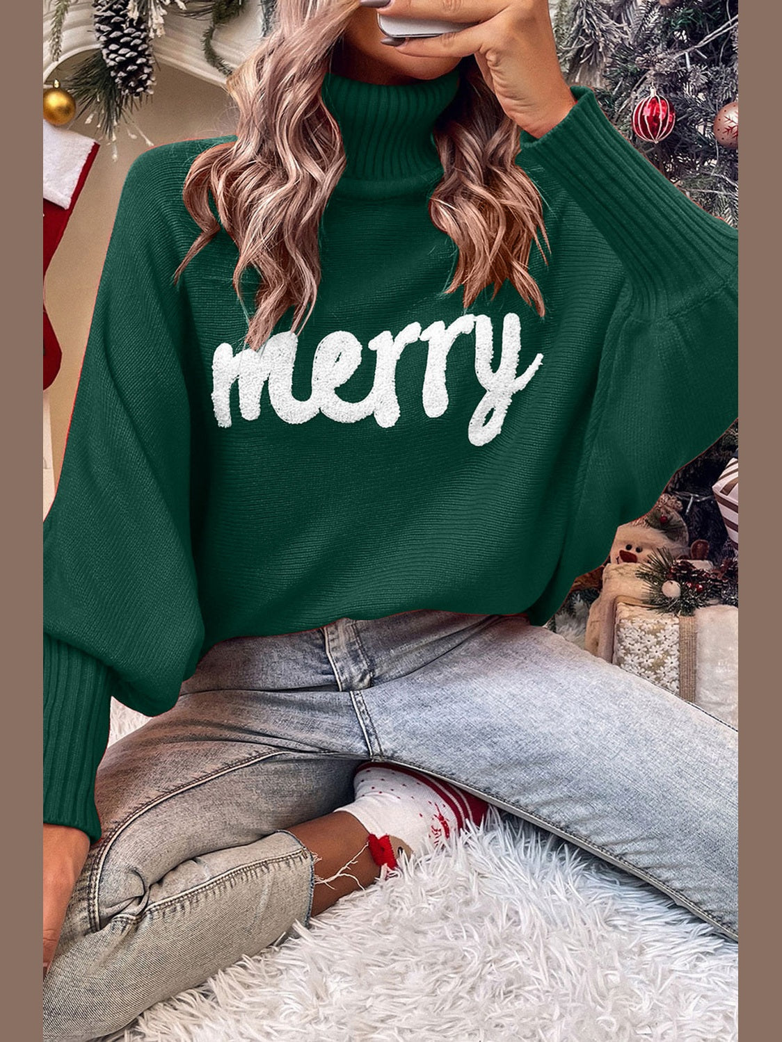 Double Take Full Size Merry Christmas Turtleneck Long Sleeve Sweater