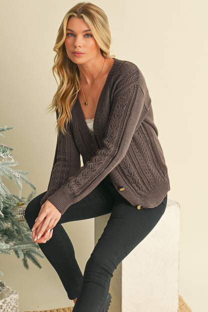Dark Khaki Hollow Knit Drop Shoulder Cardigan - The Eggy's store