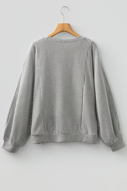 Ribbed Knit Crewneck Long Lantern Sleeve Top