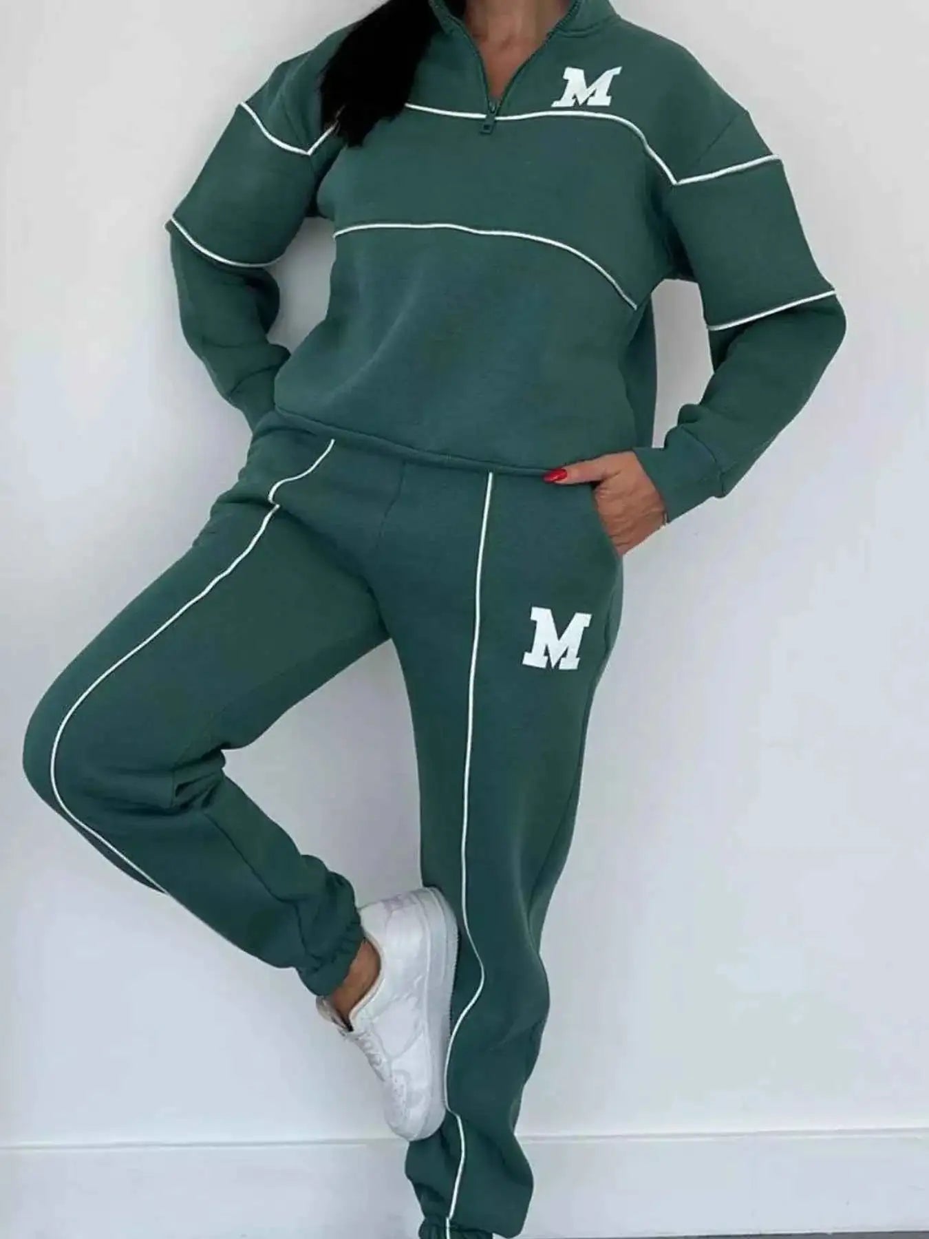 Full Size Striped Quarter Zip Top and Pants Set Plus Size