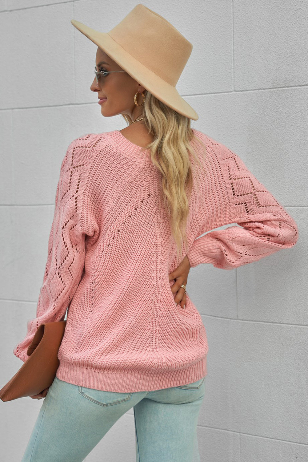 Blue Hollow-out Puffy Sleeve Knit Sweater