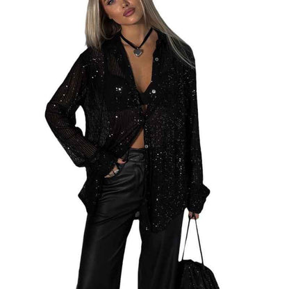 Elegant Women's Sequin Shirt - Stylish Long Sleeve Button-Up Blouse With Glitter Details, Perfect For Party & Casual To Formal Wear
