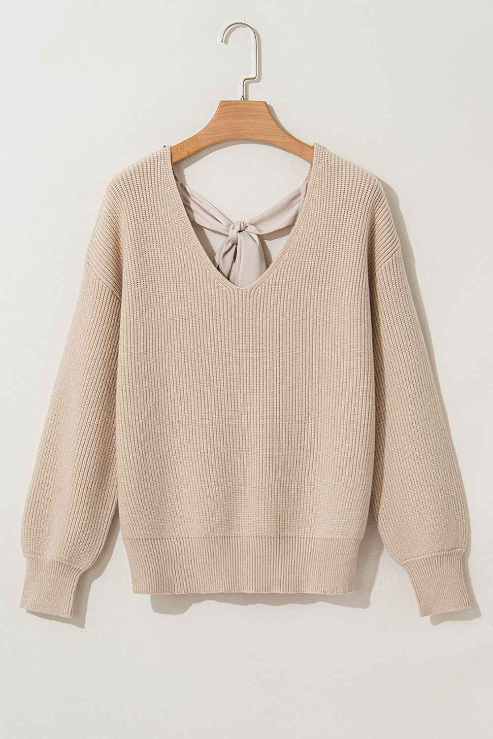 Bow Back  Lantern Sleeve V-Neck Sweater