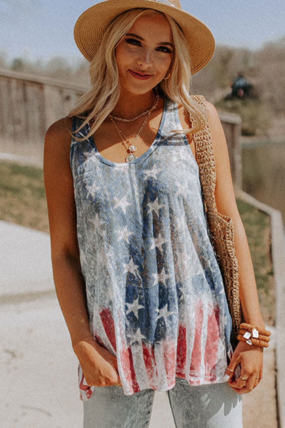 Vintage Washed American Flag Tank Top – Patriotic Racerback Shift Top in Blue