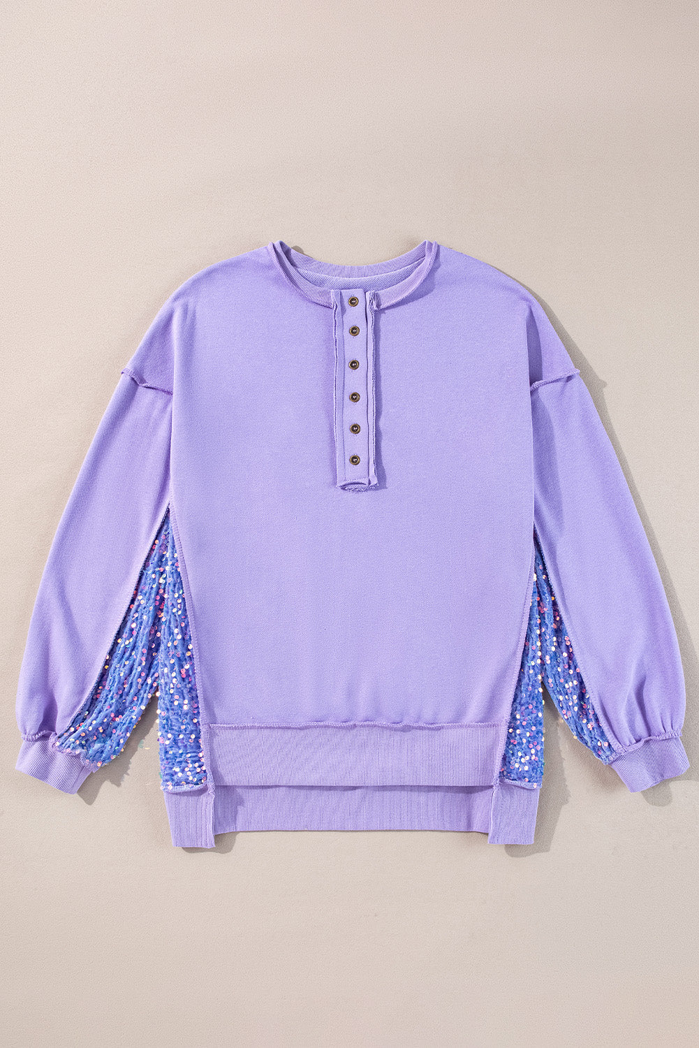 Bonbon Sequin Patchwork High Low Hem Henley Women's Sweatshirt