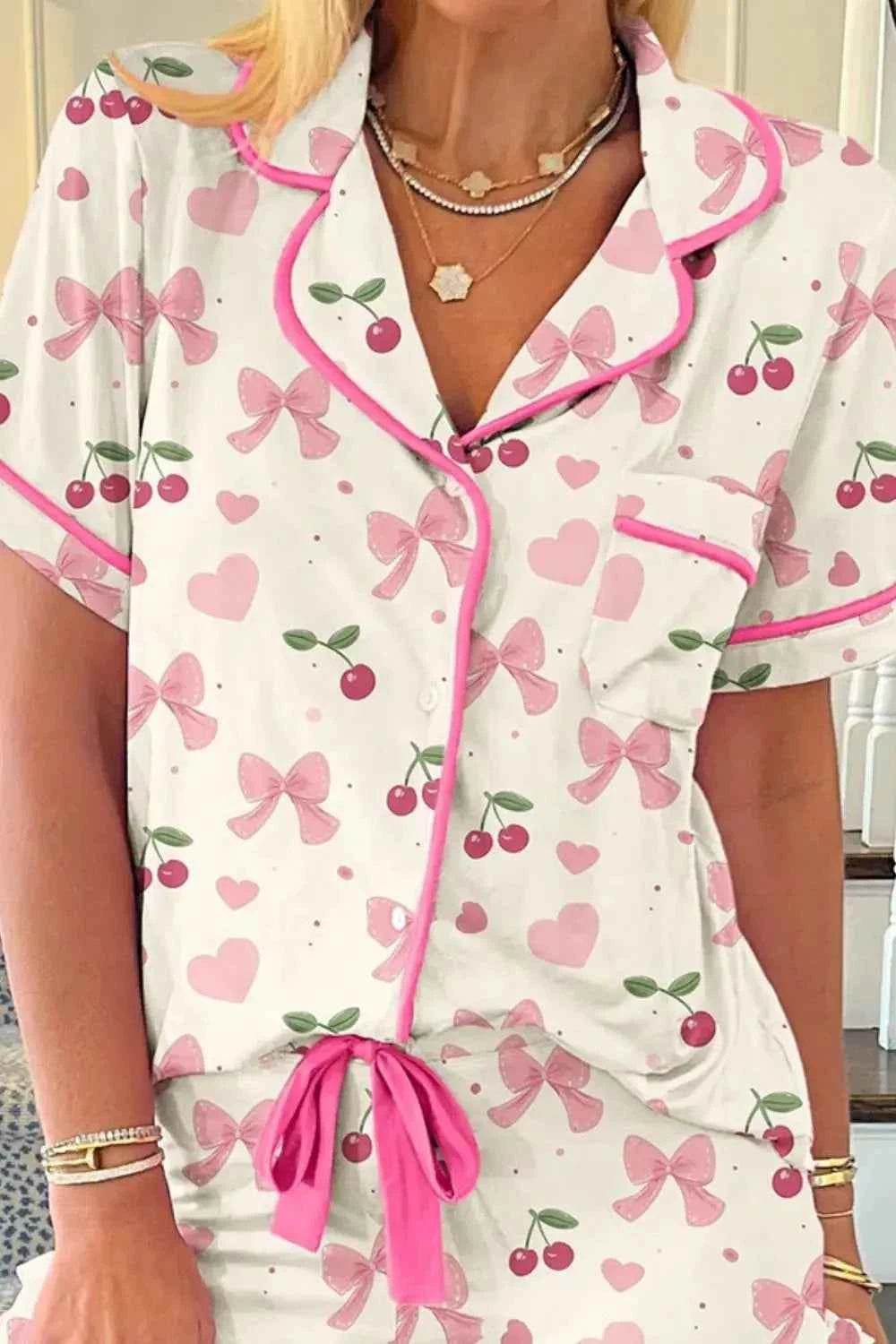 Cherry Bow Print Button Up Womens Loungewear Set