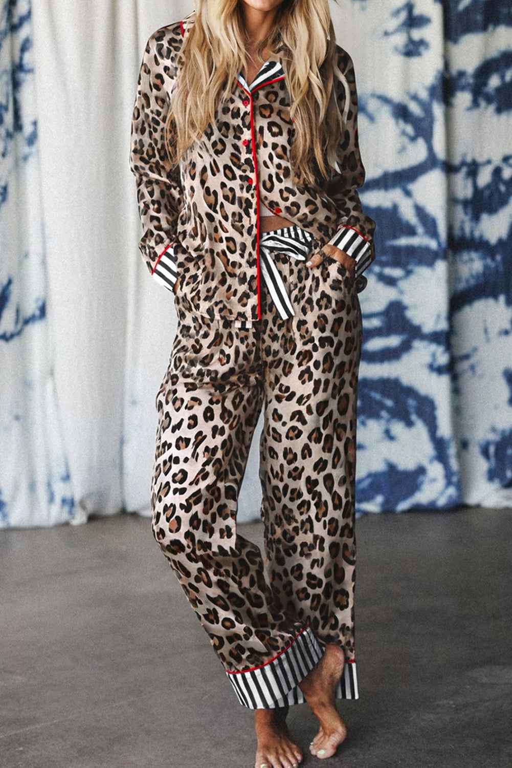 Leopard Colorblock Stripe Edge Shirt and Pants Pajama Set