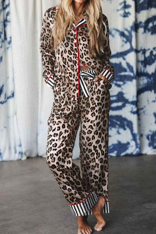 Leopard Colorblock Stripe Edge Shirt and Pants Pajama Set