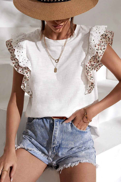 White Floral Lace Eyelet Patched Butterfly Sleeve Blouse