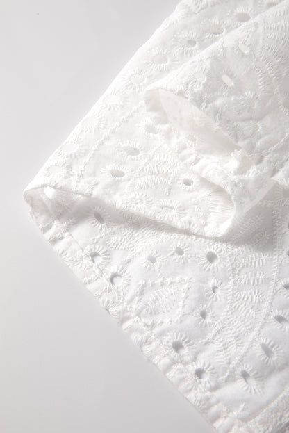 White Eyelet Embroidered Puff Sleeve V Neck Blouse - The Eggy's store