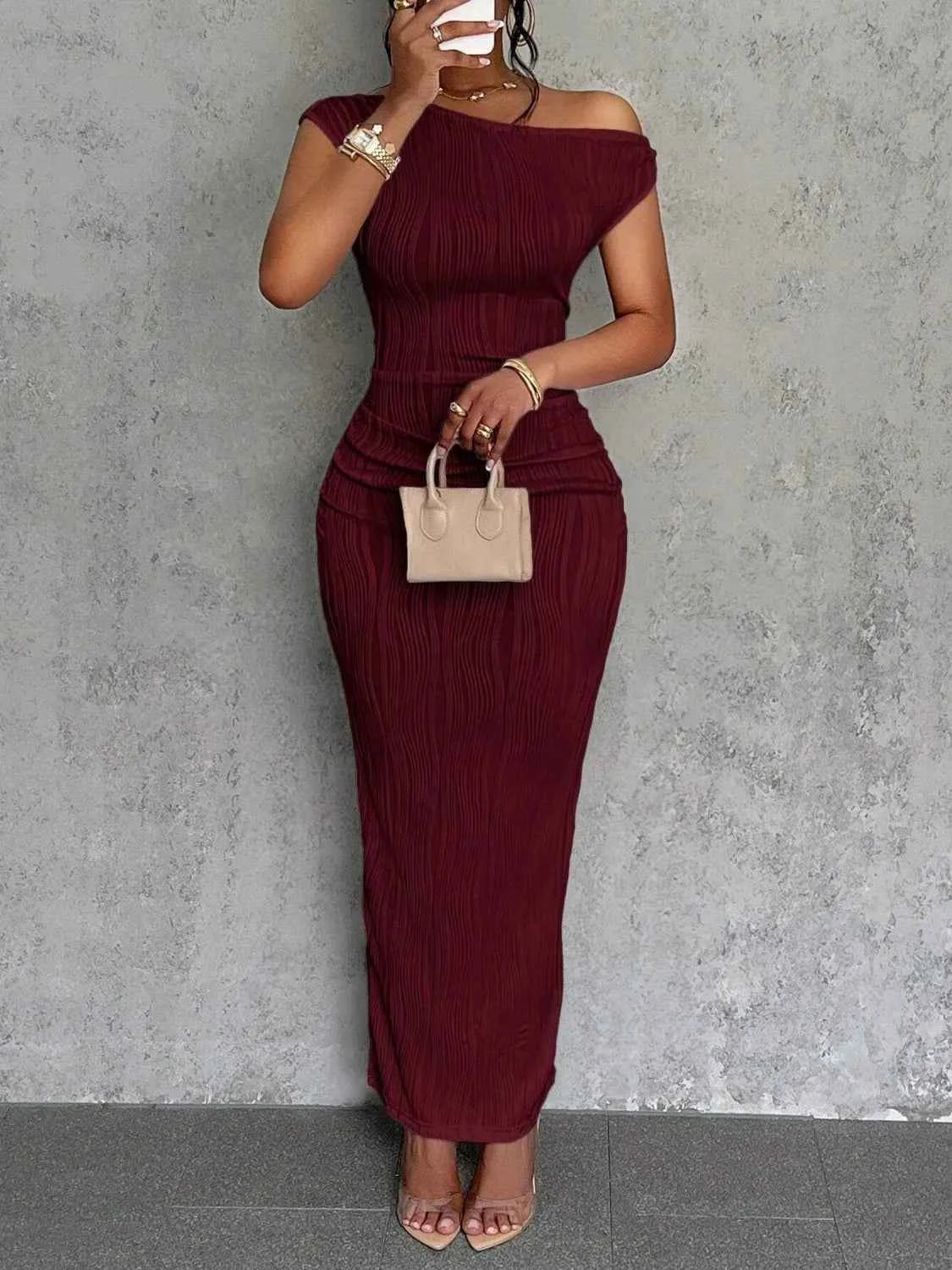 Sculpted Chic One-Shoulder Textured Maxi Dress